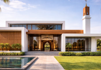 Tampilan luar Masjid Al-Ikhlas yang mengusung konsep masjid minimalis di Medan dengan dominasi warna putih dan kayu.