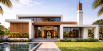 Tampilan luar Masjid Al-Ikhlas yang mengusung konsep masjid minimalis di Medan dengan dominasi warna putih dan kayu.