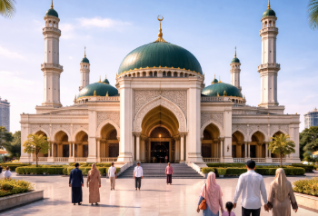 Suasana pagi di halaman Masjid Al-Jihad yang merupakan salah satu masjid populer di Medan.