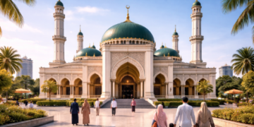 Suasana pagi di halaman Masjid Al-Jihad yang merupakan salah satu masjid populer di Medan.