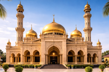 Kemegahan Masjid Al-Luthfi yang merupakan masjid bergaya Timur Tengah di Medan dengan kubah emas yang ikonik.