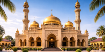 Kemegahan Masjid Al-Luthfi yang merupakan masjid bergaya Timur Tengah di Medan dengan kubah emas yang ikonik.