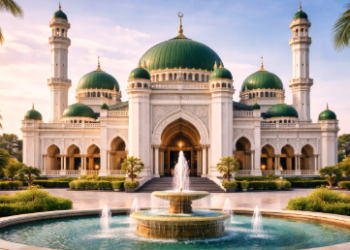 Kemegahan Masjid Al-Musannif yang menjadi salah satu masjid ikonik Medan dengan taman yang asri.