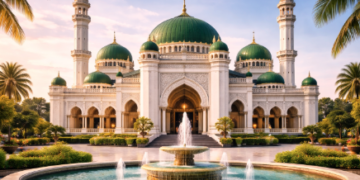 Kemegahan Masjid Al-Musannif yang menjadi salah satu masjid ikonik Medan dengan taman yang asri.