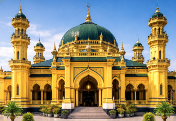 Tampilan megah Masjid Al-Osmani yang merupakan masjid tertua di Medan dengan dominasi warna kuning khas Melayu.