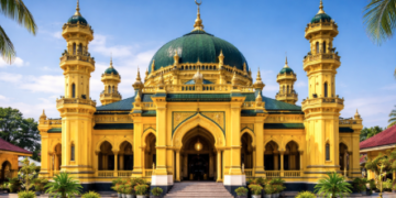 Tampilan megah Masjid Al-Osmani yang merupakan masjid tertua di Medan dengan dominasi warna kuning khas Melayu.