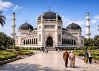 Kemegahan kubah hitam dan arsitektur Maroko yang ikonik dari Masjid Raya Medan.