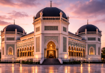 Pemandangan luar Masjid Raya Al-Mashun yang merupakan salah satu masjid terindah di Medan.
