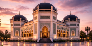 Pemandangan luar Masjid Raya Al-Mashun yang merupakan salah satu masjid terindah di Medan.