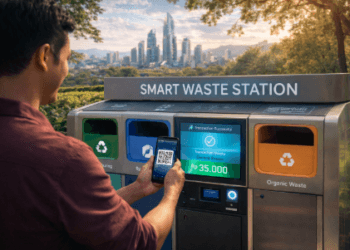 Warga sedang menggunakan fasilitas pembuangan sampah pintar guna mendukung program Medan Bersih Digital di area publik.