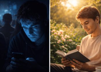 Perbandingan antara kecemasan digital dan ketenangan batin dalam memahami fenomena FOMO vs JOMO di kehidupan sehari-hari.