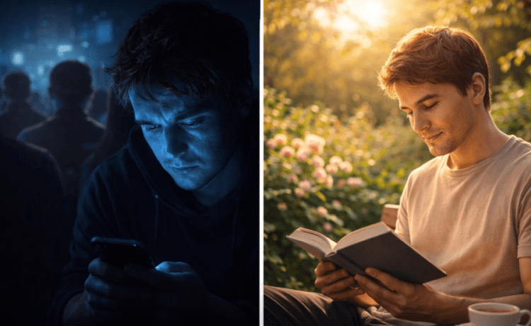 Perbandingan antara kecemasan digital dan ketenangan batin dalam memahami fenomena FOMO vs JOMO di kehidupan sehari-hari.