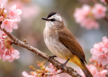 Seekor Merbah Kapur Medan yang sedang memamerkan jambulnya di atas dahan pohon saat pagi hari.