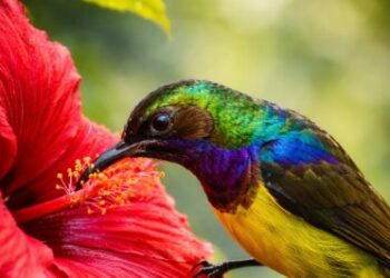 Detail warna metalik yang berkilau pada seekor Burung Madu Kelapa Medan saat berada di dahan bunga.