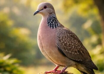 Detail kerah bintik putih yang ikonik pada seekor Burung Tekukur Medan yang sedang bertengger tenang.