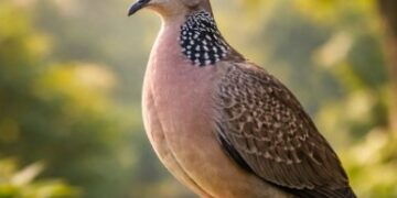 Detail kerah bintik putih yang ikonik pada seekor Burung Tekukur Medan yang sedang bertengger tenang.