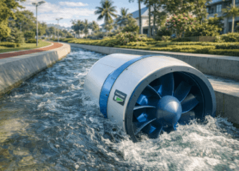 Instalasi turbin Mikro Hidro Medan pada saluran drainase kota guna menyuplai kebutuhan listrik fasilitas umum di sekitarnya.