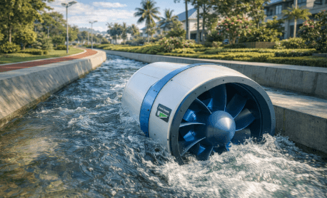 Instalasi turbin Mikro Hidro Medan pada saluran drainase kota guna menyuplai kebutuhan listrik fasilitas umum di sekitarnya.