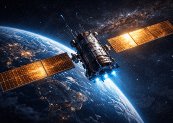 Ilustrasi satelit komunikasi modern yang mengorbit Bumi setelah lepas landas menggunakan roket peluncur.