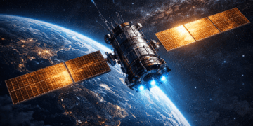 Ilustrasi satelit komunikasi modern yang mengorbit Bumi setelah lepas landas menggunakan roket peluncur.