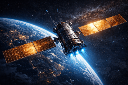 Ilustrasi satelit komunikasi modern yang mengorbit Bumi setelah lepas landas menggunakan roket peluncur.