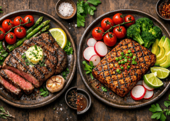 Membandingkan nutrisi steak tempe vs sapi di atas piring untuk menentukan sumber protein terbaik bagi diet atlet profesional.