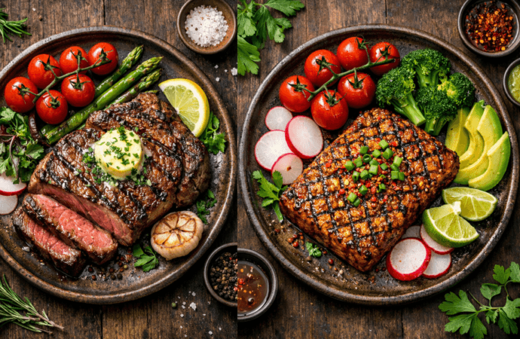 Membandingkan nutrisi steak tempe vs sapi di atas piring untuk menentukan sumber protein terbaik bagi diet atlet profesional.