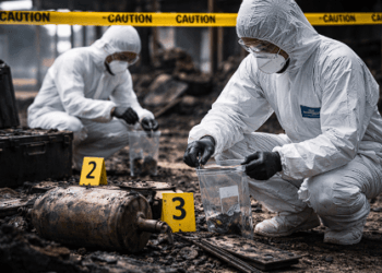 Tim Puslabfor Polri mengumpulkan bukti fisik di lokasi kejadian Ledakan SPBE Bekasi.