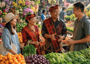 Suasana ramai pengunjung saat memilih oleh-oleh khas Berastagi berupa buah-buahan segar di pusat pasar.