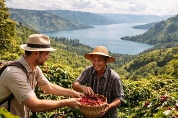 Wisatawan sedang belajar memetik buah kopi merah langsung dari pohonnya di area agrowisata kopi Sumatera Utara.
