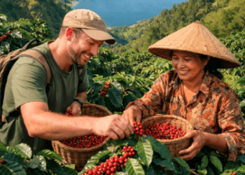 Wisatawan sedang belajar memetik buah kopi merah langsung dari pohonnya di area agrowisata kopi Sumatera Utara.