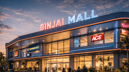 Suasana modern di depan pintu masuk Binjai Supermall yang menjadi pusat keramaian warga dan wisatawan.