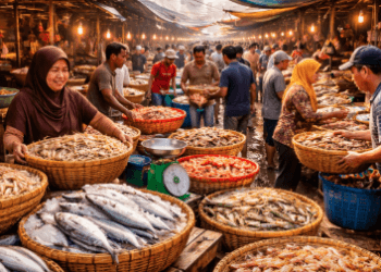 Kesibukan para pedagang hasil laut di Pasar Pajak Baru Belawan yang menawarkan berbagai jenis ikan segar dengan harga grosir.