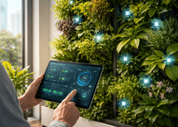 Sistem berkebun digital 2026 menggunakan sensor otomatis pada kebun vertikal di dalam apartemen.