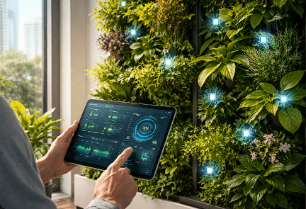 Sistem berkebun digital 2026 menggunakan sensor otomatis pada kebun vertikal di dalam apartemen.