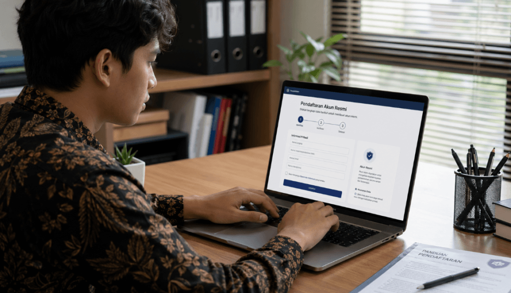 Foto pelamar muda fokus mengetik data kependudukan pada komputer jinjing untuk mendaftar akun portal seleksi aparatur sipil negara,