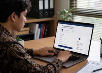 Foto pelamar muda fokus mengetik data kependudukan pada komputer jinjing untuk mendaftar akun portal seleksi aparatur sipil negara,