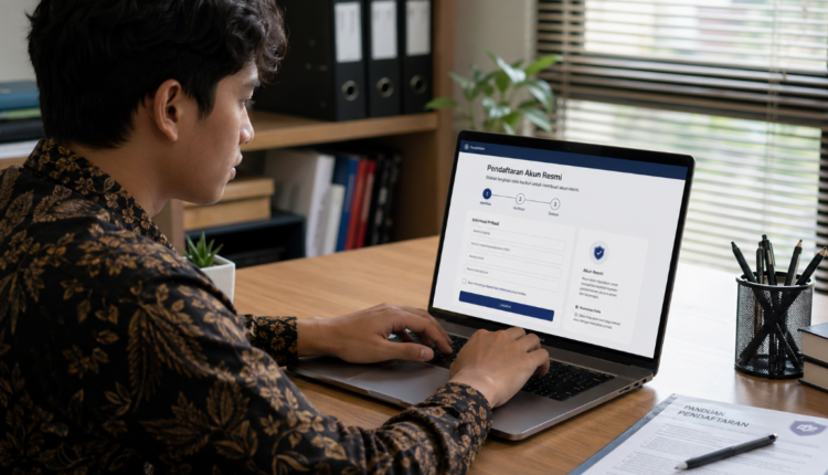 Foto pelamar muda fokus mengetik data kependudukan pada komputer jinjing untuk mendaftar akun portal seleksi aparatur sipil negara,