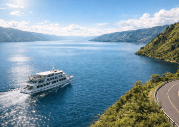 Kapal feri penyeberangan yang menjadi salah satu sarana cara ke Danau Toba menuju Pulau Samosir.