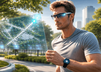 Seseorang menggunakan sistem integrasi wearable 2026 berupa kacamata pintar dan smartwatch untuk navigasi saat berolahraga.