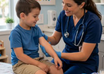 Tenaga medis sedang melakukan pemeriksaan kesehatan sebagai bagian dari Langkah Medis Darurat Anak.