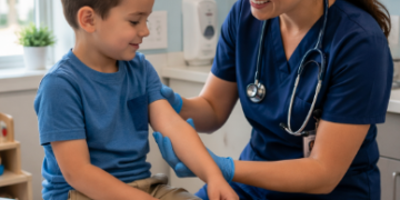 Tenaga medis sedang melakukan pemeriksaan kesehatan sebagai bagian dari Langkah Medis Darurat Anak.