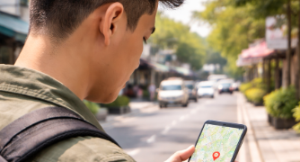 Seorang wisatawan sedang mempraktikkan Tips Wisata Tembung Medan dengan melihat peta digital.