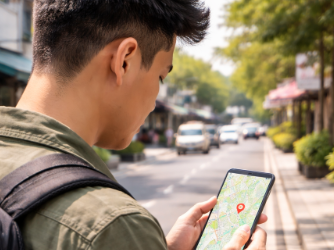 Seorang wisatawan sedang mempraktikkan Tips Wisata Tembung Medan dengan melihat peta digital.