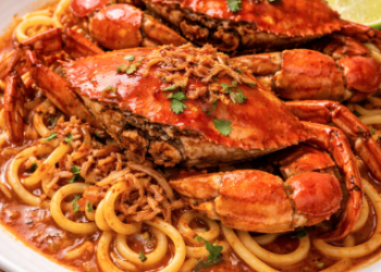 Satu porsi Mie Aceh Medan Terenak dengan topping kepiting besar dan kuah kental kemerahan.