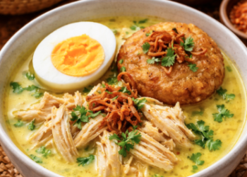 Satu porsi Soto Medan Enak dengan kuah santan kuning kental yang menggugah selera.