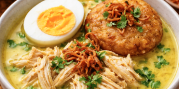 Satu porsi Soto Medan Enak dengan kuah santan kuning kental yang menggugah selera.