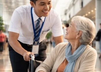 Petugas bandara sedang memberikan layanan kursi roda kepada penumpang lansia di terminal Bandara Kualanamu