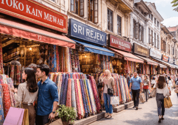 Suasana pusat perdagangan kain yang ramai dan lengkap dalam panduan belanja tekstil di Medan.