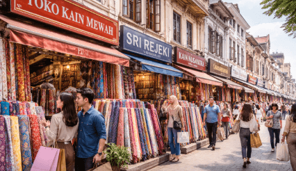 Suasana pusat perdagangan kain yang ramai dan lengkap dalam panduan belanja tekstil di Medan.